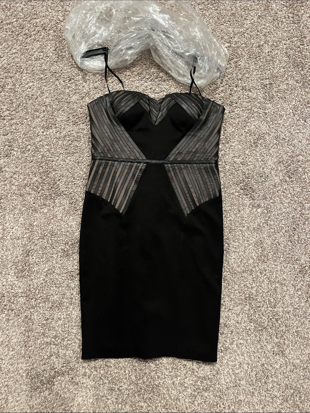 Strapless Black Bustier Midi Dress with Sheer Striped Panels